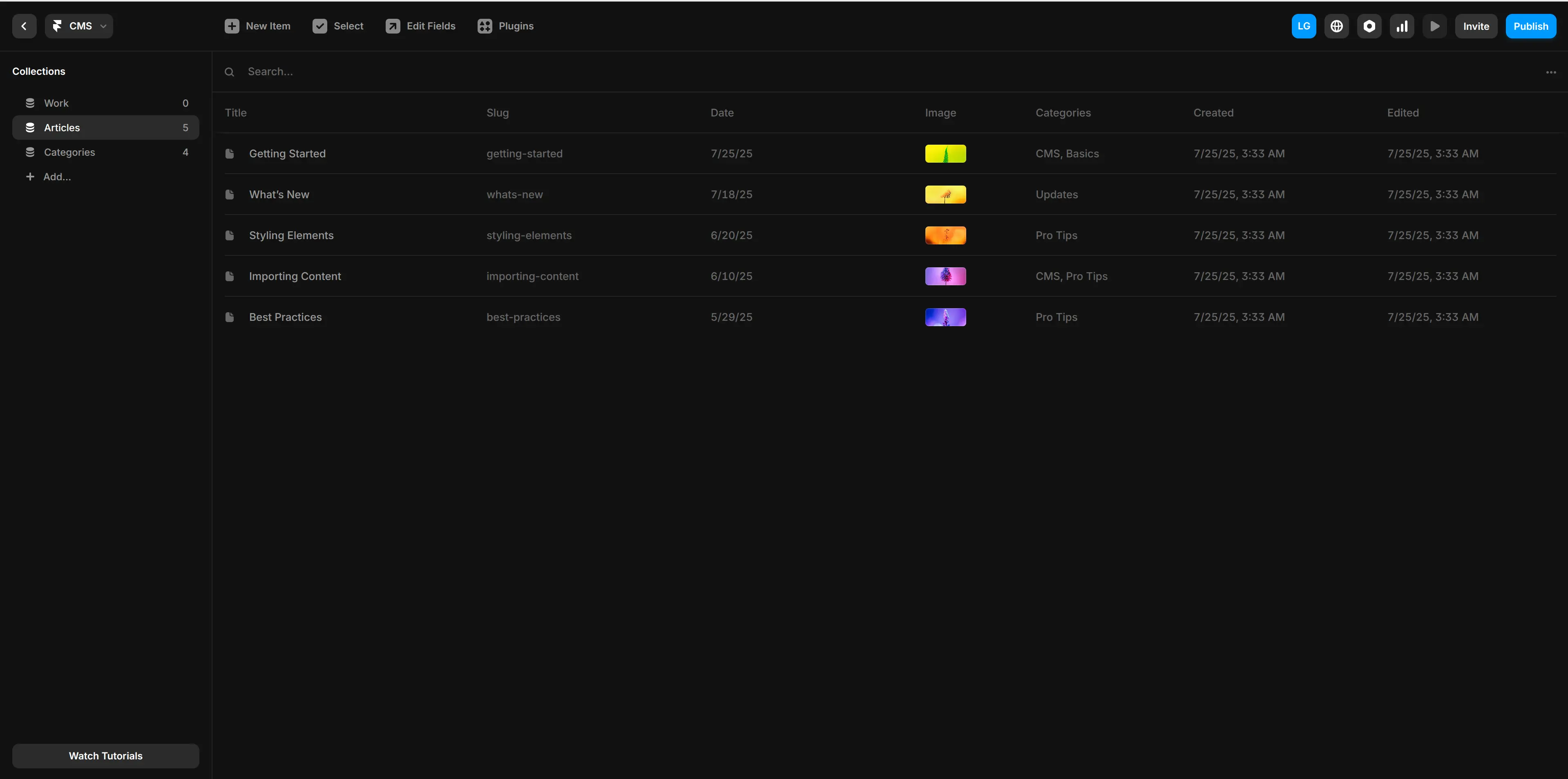 Framer dashboard articles and categories collections