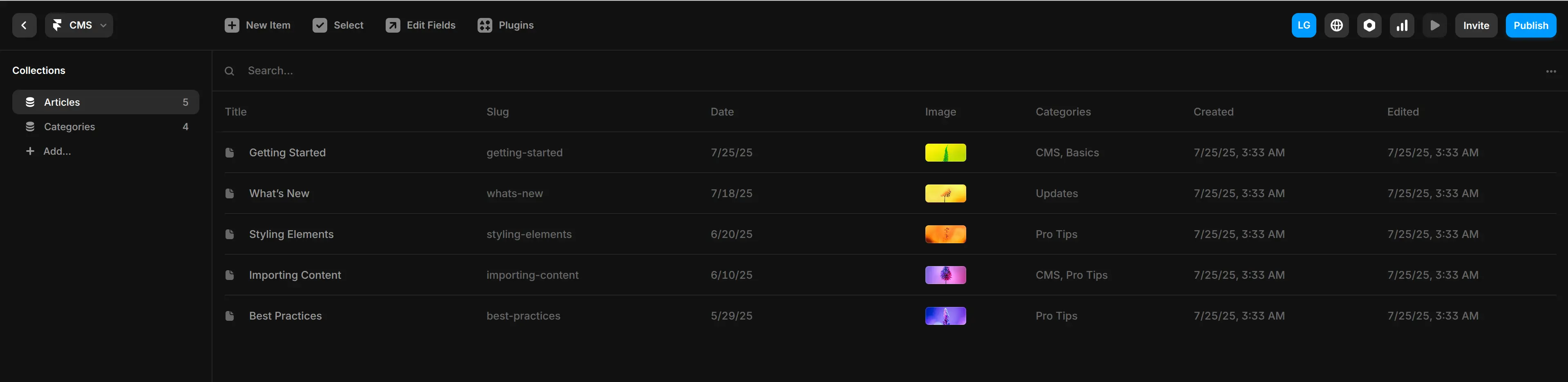 Blog posts and categories created for us by Framer