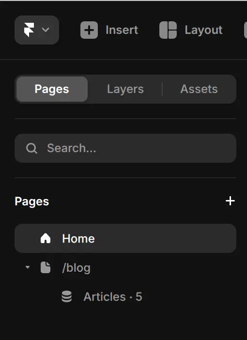 Framer left menu showing the pages list