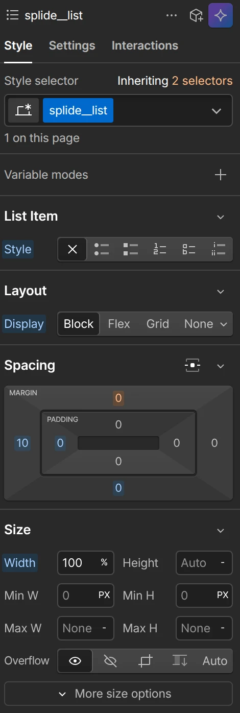 The styles of splide__list
