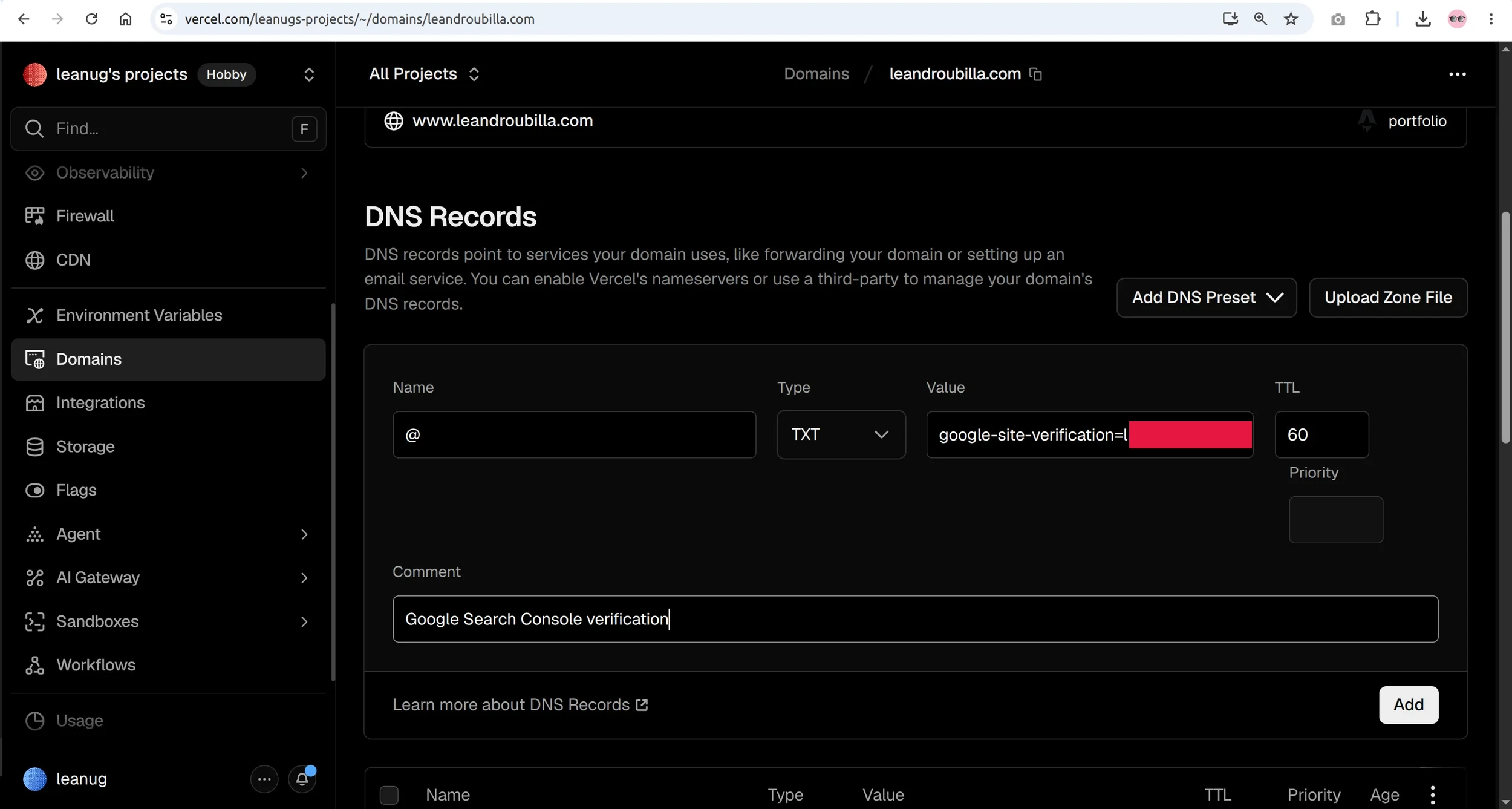 Vercel DNS setup step 3