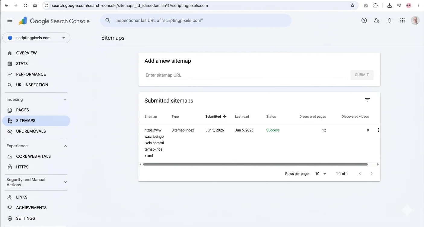 Google search console sitemap screen