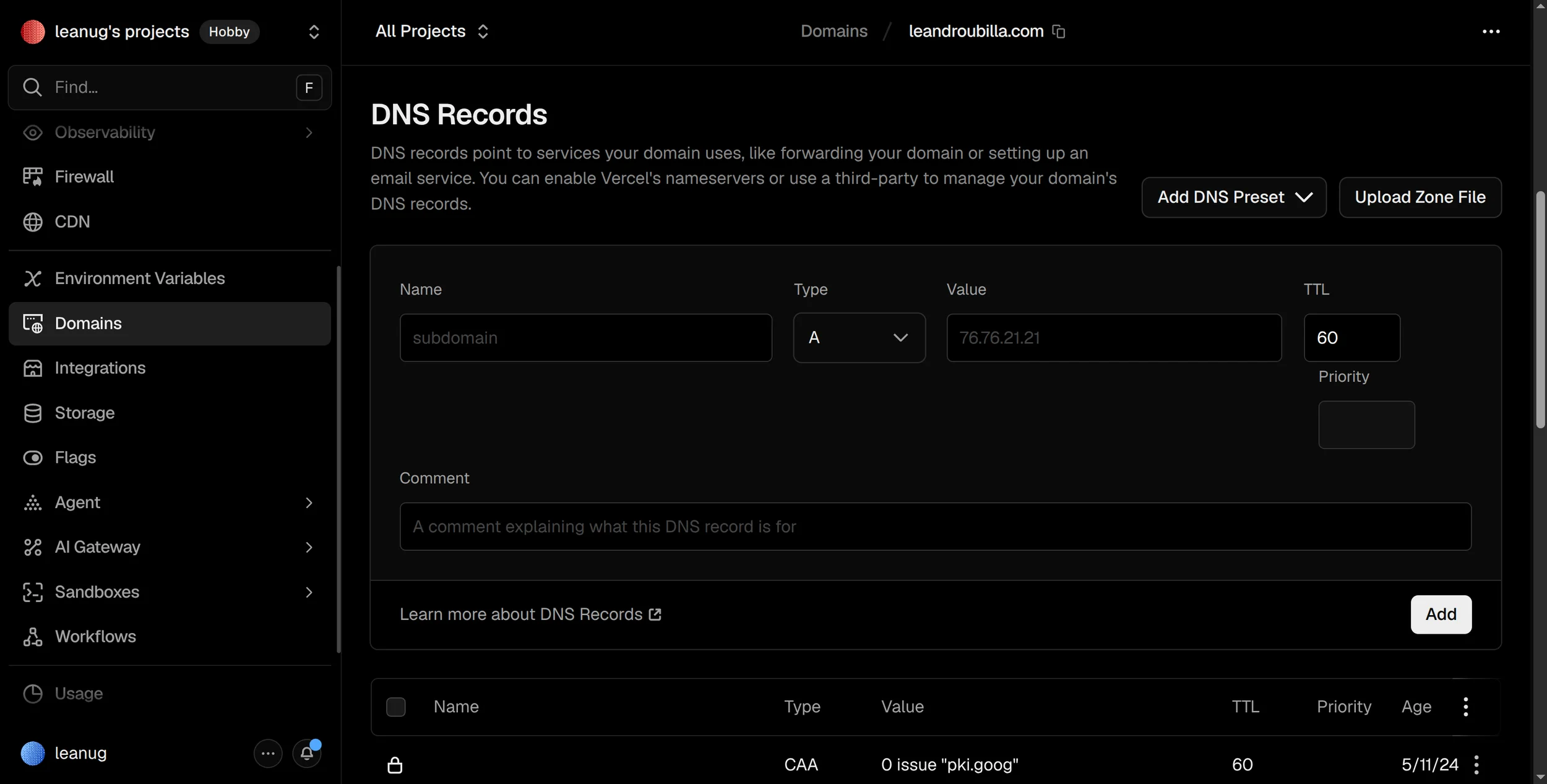 Vercel DNS setup step 2